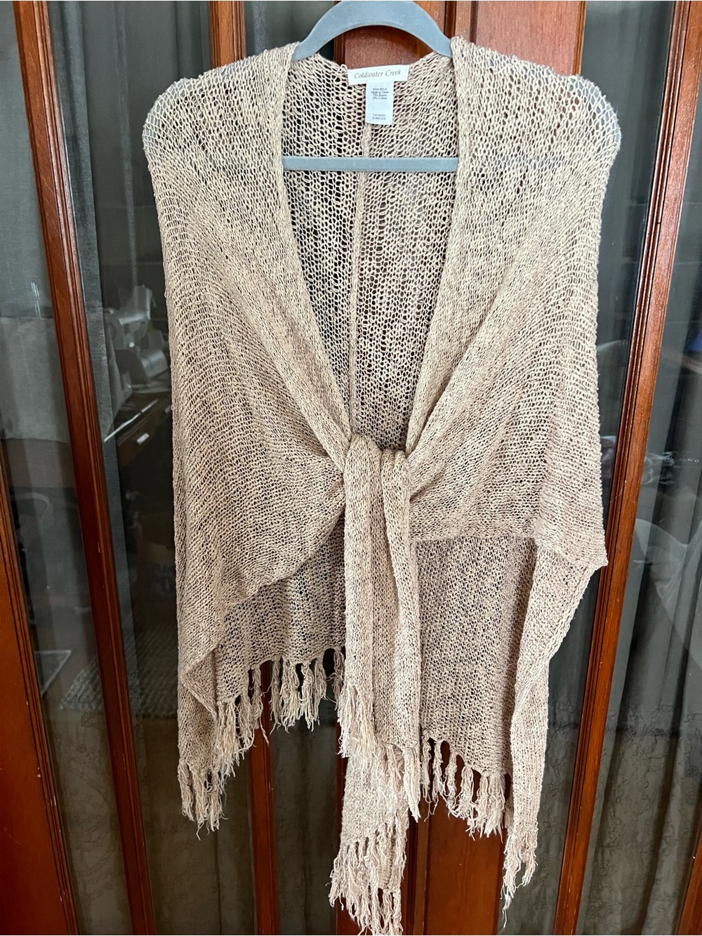 Coldwater Creek Beige Open-Knit Tie-Front Shawl Poncho with Fringe